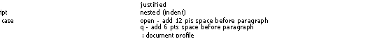 Text Box: italic	ES overstrike	justified
visible	-/t sub/superscript	nested (indent)
graphic	>/< upper/lower case	open - add 12 pis space before paragraph
0-9 ford	CLR to reset	q - add 6 pts space before paragraph
; document profile
