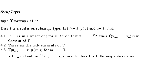 Text Box: Array Types
type T=array I of "T�
Ilcre 1 is a scalar or subrange type. Let in= I . first and a= I . last.
4.1. If	is an element of 7 for all i such that m	Sit, then T(x,�,	x�) is an
clement of T
4.2. These are the only elements of T 4.3. T(x,�,	.v,,)(i)= x; for in	Pl.
Letting x stand for T(x��	x�) we introduce the following abbreviation:

