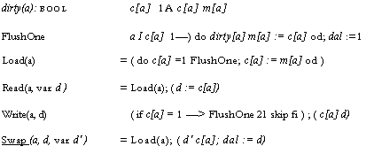 Text Box: dirty(a): BOOL	c[a]  1A c[a] m[a]
FlushOne	a I c[a]  1�) do dirty[a] m[a] := c[a] od; dal :=1
Load(a)	=	( do c[a] =1 FlushOne; c[a] := m[a] od )
Read(a, var d )	=	Load(a); ( d := c[a])
Write(a, d)	( if c[a] = 1 �> FlushOne 21 skip fi ) ; ( c[a] d)
Swap (a, d, var d' )	=	Load(a); ( d' c[a]; dal := d)
